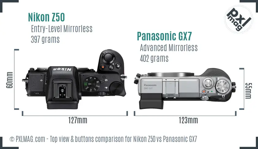 Nikon Z50 vs Panasonic GX7 top view buttons comparison
