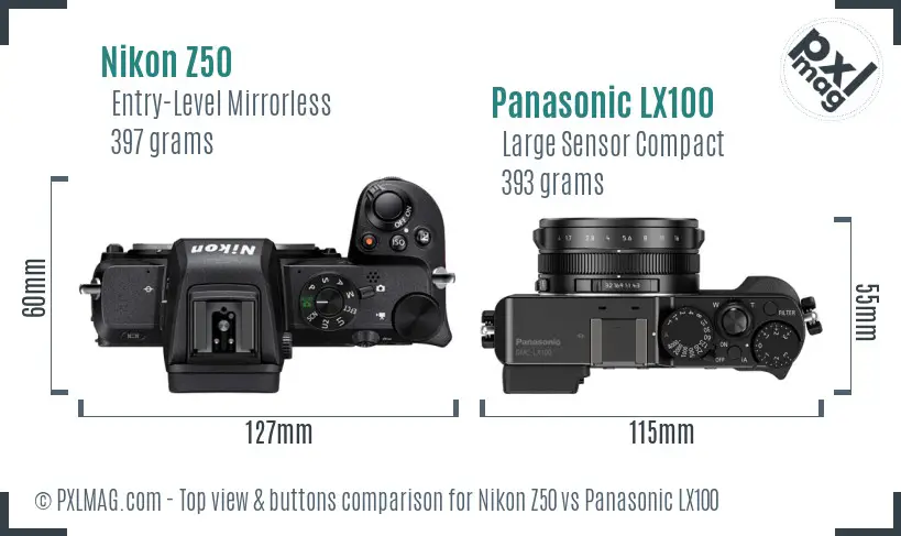Nikon Z50 vs Panasonic LX100 top view buttons comparison