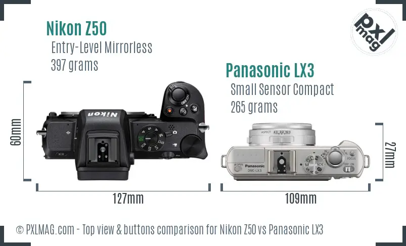 Nikon Z50 vs Panasonic LX3 top view buttons comparison