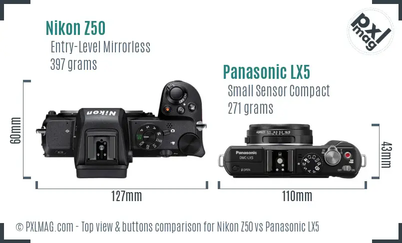 Nikon Z50 vs Panasonic LX5 top view buttons comparison