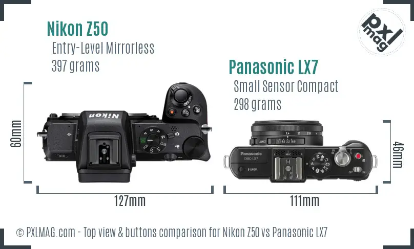 Nikon Z50 vs Panasonic LX7 top view buttons comparison