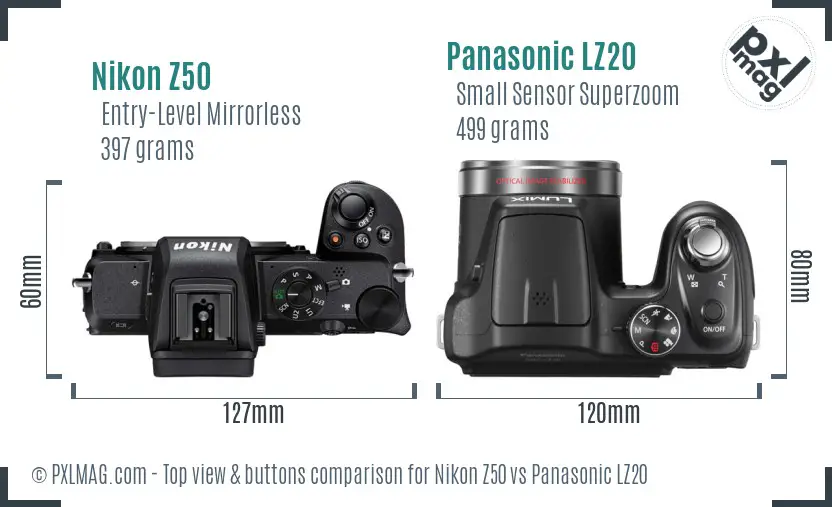 Nikon Z50 vs Panasonic LZ20 top view buttons comparison