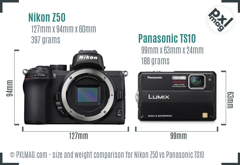 Nikon Z50 vs Panasonic TS10 size comparison