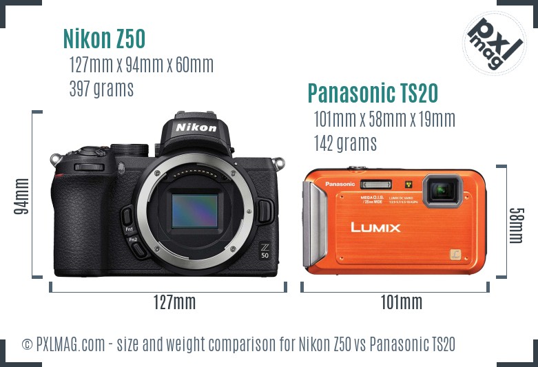 Nikon Z50 vs Panasonic TS20 size comparison