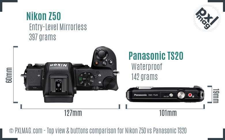 Nikon Z50 vs Panasonic TS20 top view buttons comparison