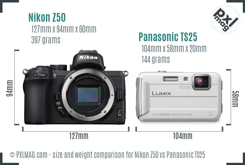 Nikon Z50 vs Panasonic TS25 size comparison