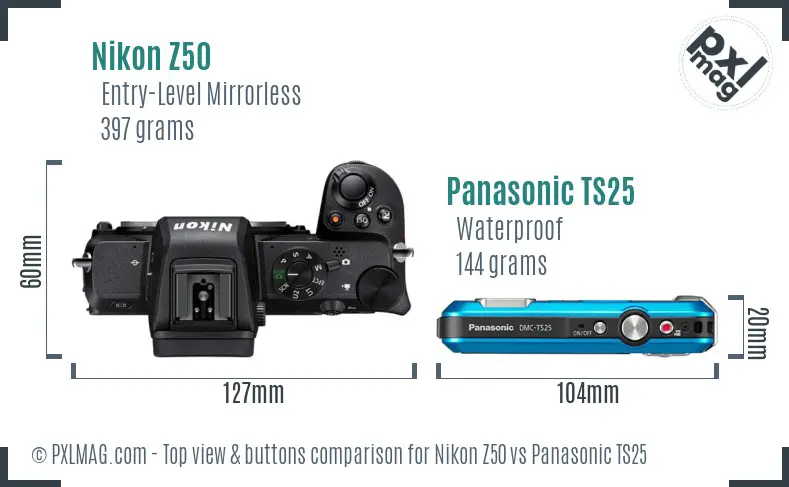 Nikon Z50 vs Panasonic TS25 top view buttons comparison