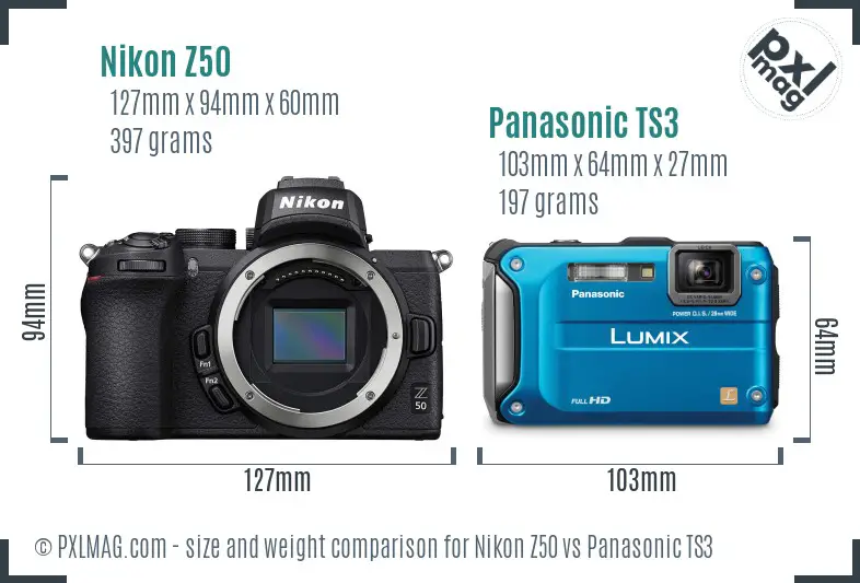 Nikon Z50 vs Panasonic TS3 size comparison