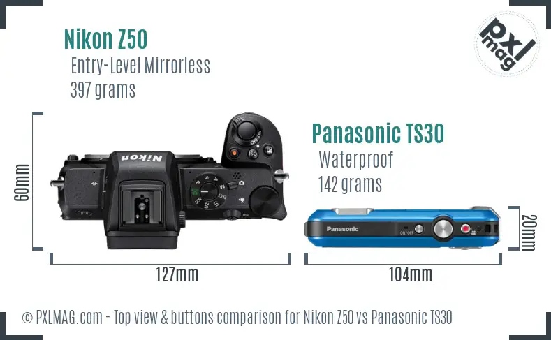 Nikon Z50 vs Panasonic TS30 top view buttons comparison