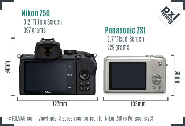 Nikon Z50 vs Panasonic ZS1 Screen and Viewfinder comparison