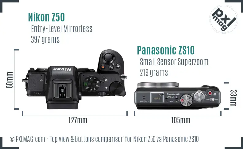Nikon Z50 vs Panasonic ZS10 top view buttons comparison