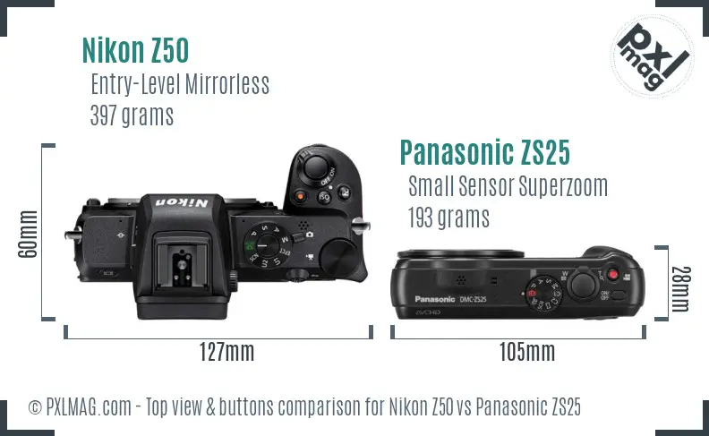 Nikon Z50 vs Panasonic ZS25 top view buttons comparison