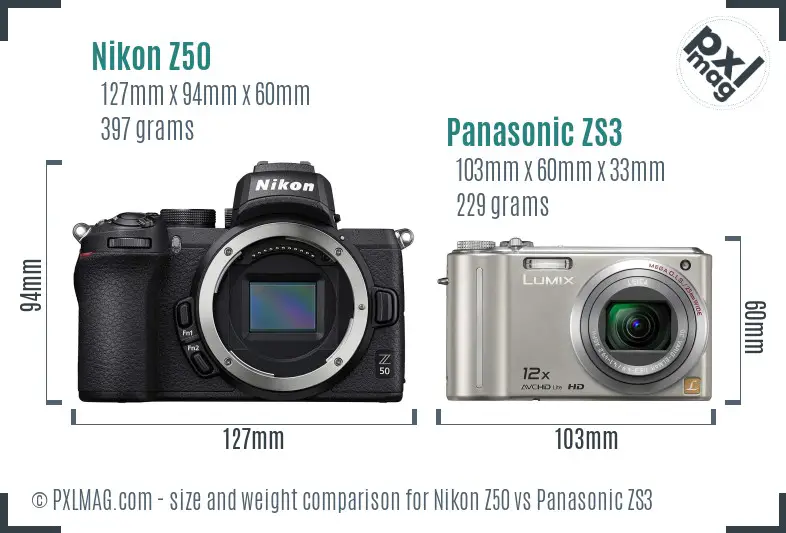 Nikon Z50 vs Panasonic ZS3 size comparison