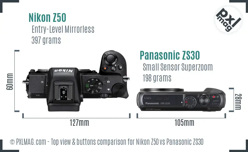 Nikon Z50 vs Panasonic ZS30 top view buttons comparison