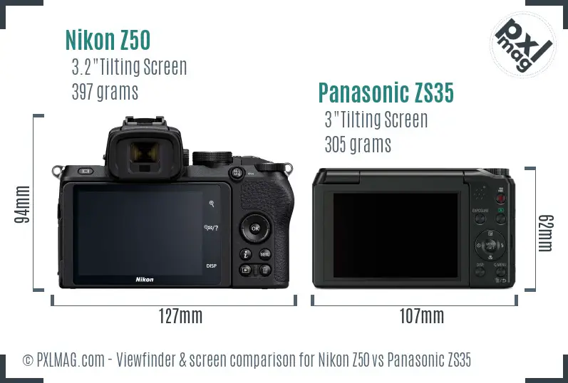 Nikon Z50 vs Panasonic ZS35 Screen and Viewfinder comparison