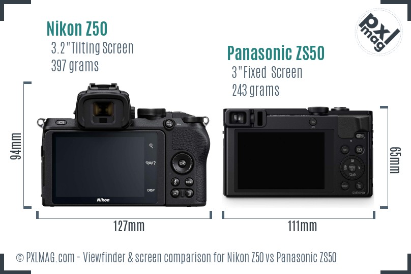 Nikon Z50 vs Panasonic ZS50 Screen and Viewfinder comparison