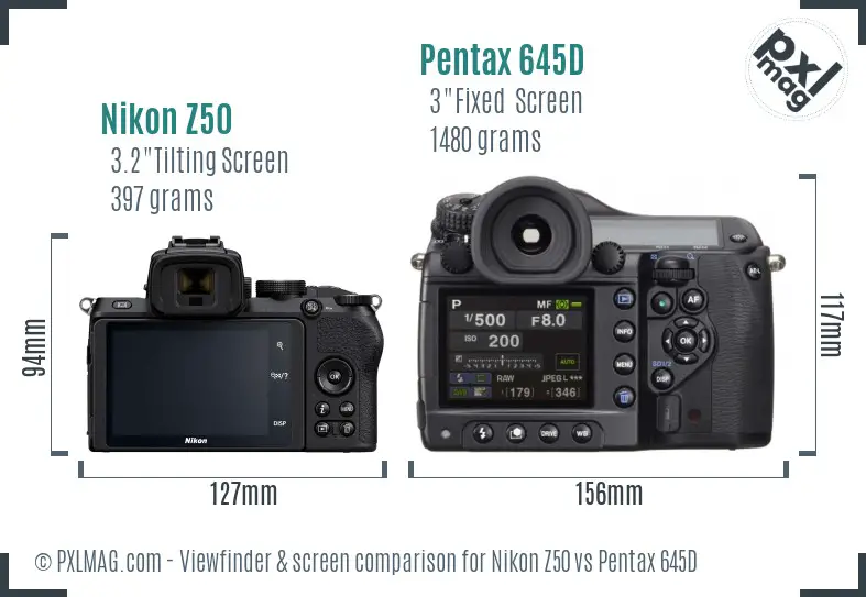Nikon Z50 vs Pentax 645D Screen and Viewfinder comparison