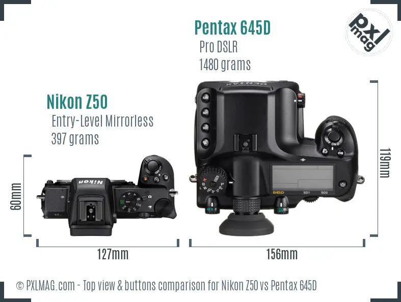 Nikon Z50 vs Pentax 645D top view buttons comparison