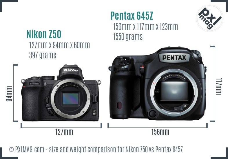 Nikon Z50 vs Pentax 645Z size comparison
