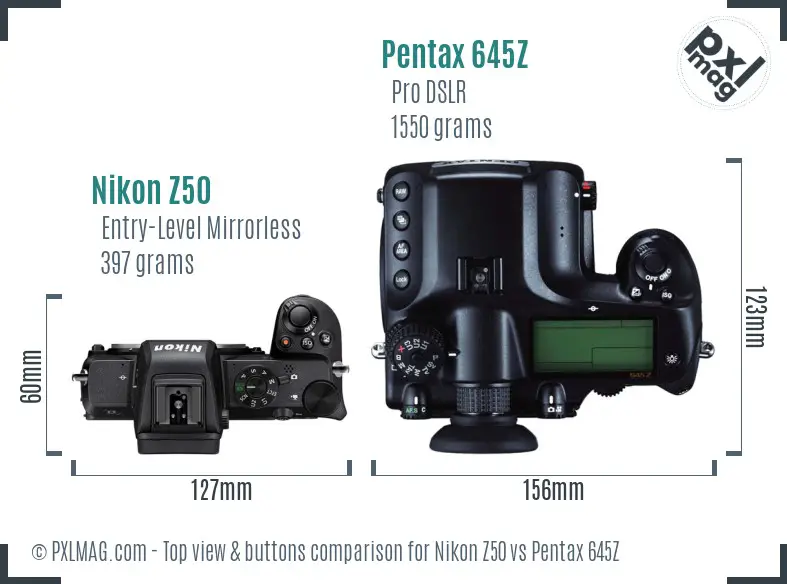 Nikon Z50 vs Pentax 645Z top view buttons comparison