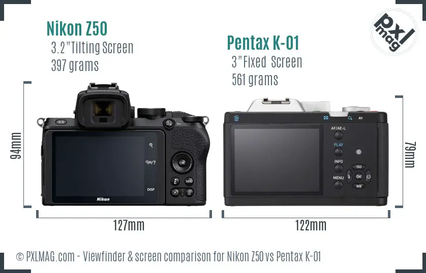 Nikon Z50 vs Pentax K-01 Screen and Viewfinder comparison
