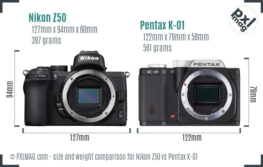 Nikon Z50 vs Pentax K-01 size comparison