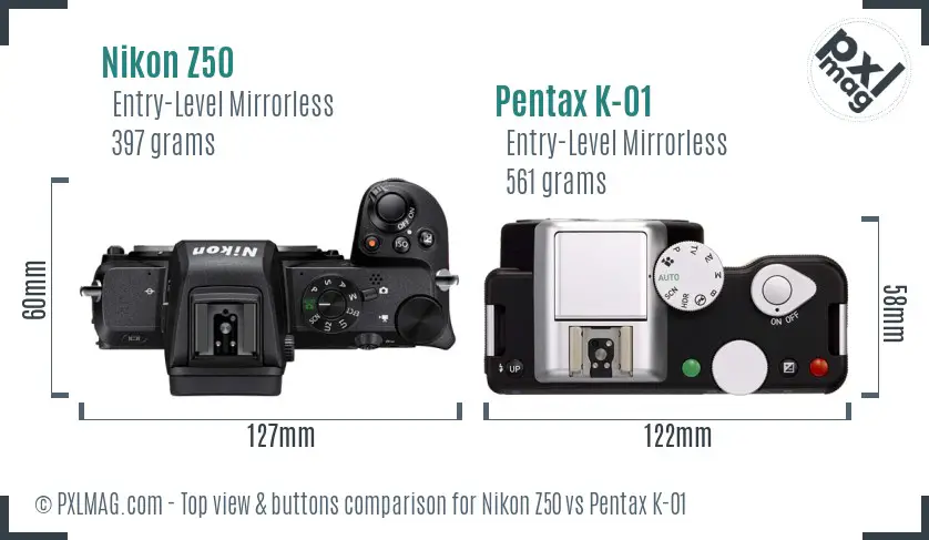 Nikon Z50 vs Pentax K-01 top view buttons comparison