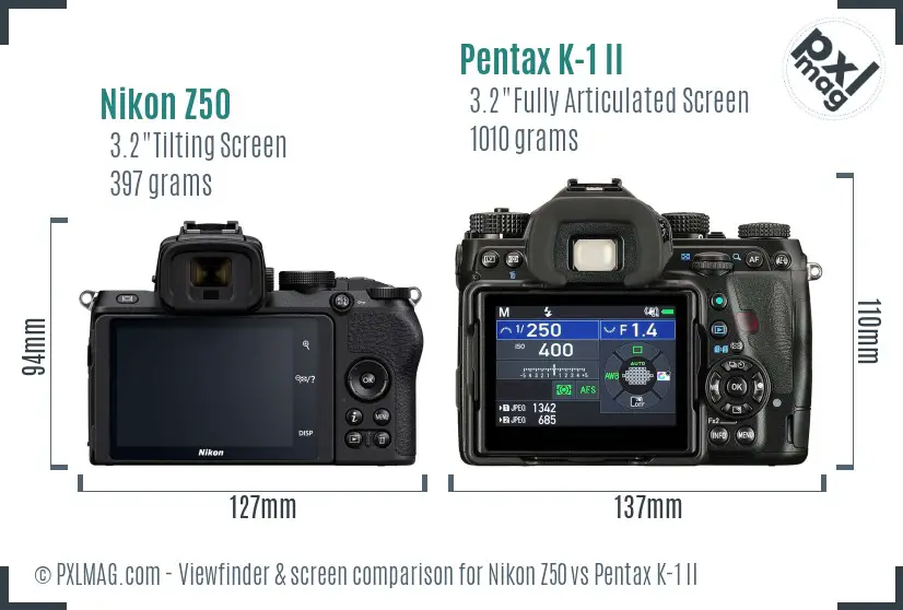 Nikon Z50 vs Pentax K-1 II Screen and Viewfinder comparison