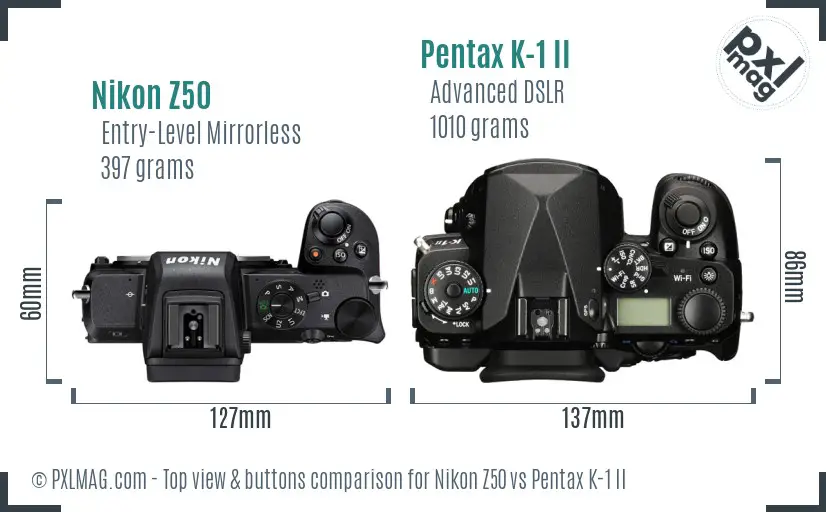 Nikon Z50 vs Pentax K-1 II top view buttons comparison