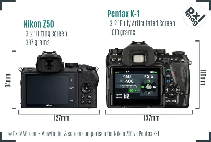 Nikon Z50 vs Pentax K-1 Screen and Viewfinder comparison