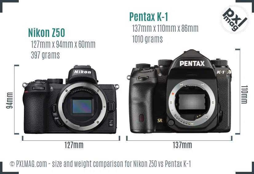 Nikon Z50 vs Pentax K-1 size comparison