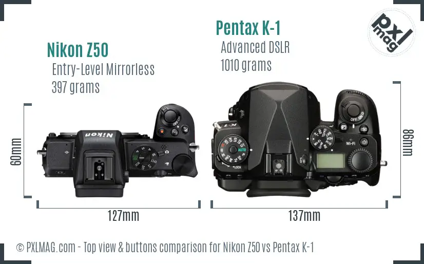 Nikon Z50 vs Pentax K-1 top view buttons comparison
