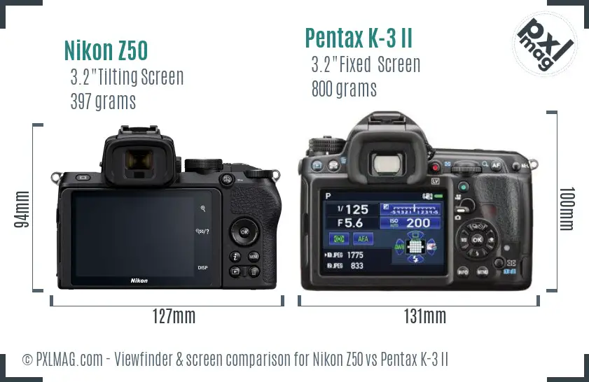 Nikon Z50 vs Pentax K-3 II Screen and Viewfinder comparison