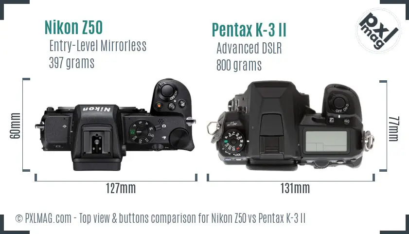 Nikon Z50 vs Pentax K-3 II top view buttons comparison
