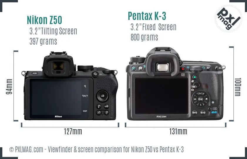 Nikon Z50 vs Pentax K-3 Screen and Viewfinder comparison