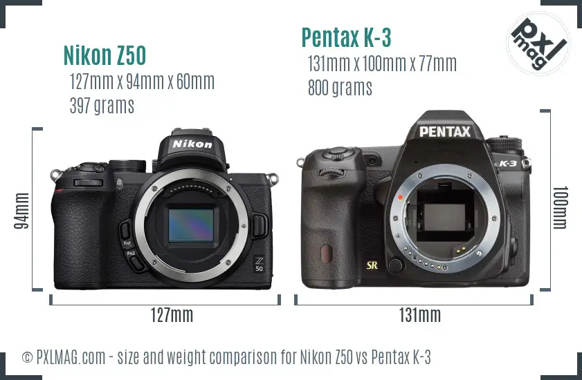 Nikon Z50 vs Pentax K-3 size comparison
