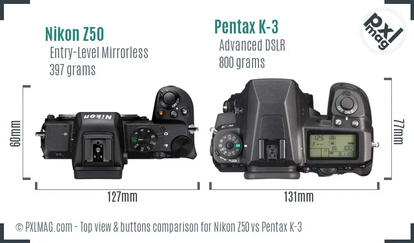 Nikon Z50 vs Pentax K-3 top view buttons comparison