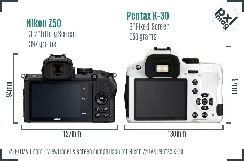 Nikon Z50 vs Pentax K-30 Screen and Viewfinder comparison