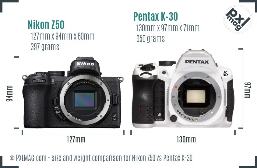 Nikon Z50 vs Pentax K-30 size comparison