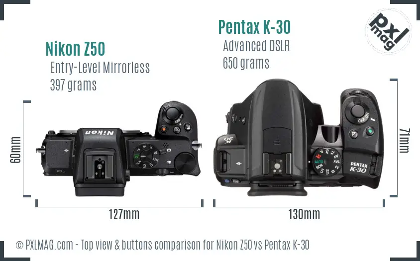 Nikon Z50 vs Pentax K-30 top view buttons comparison