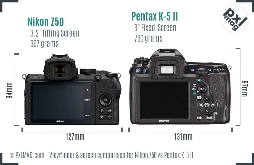 Nikon Z50 vs Pentax K-5 II Screen and Viewfinder comparison