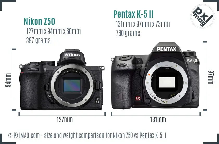 Nikon Z50 vs Pentax K-5 II size comparison