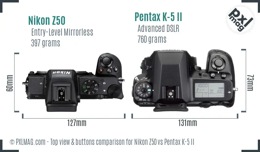 Nikon Z50 vs Pentax K-5 II top view buttons comparison