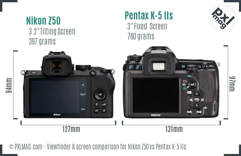 Nikon Z50 vs Pentax K-5 IIs Screen and Viewfinder comparison