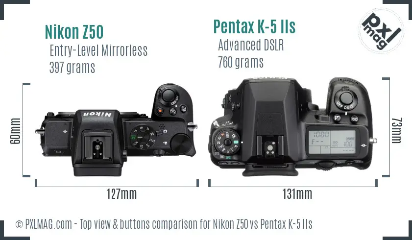 Nikon Z50 vs Pentax K-5 IIs top view buttons comparison
