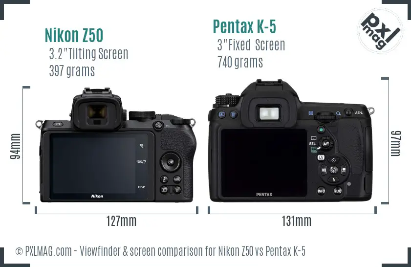 Nikon Z50 vs Pentax K-5 Screen and Viewfinder comparison