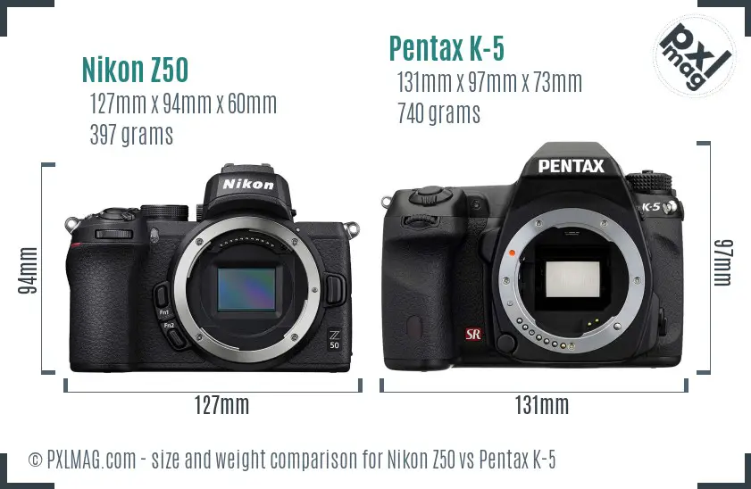 Nikon Z50 vs Pentax K-5 size comparison