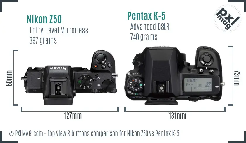 Nikon Z50 vs Pentax K-5 top view buttons comparison