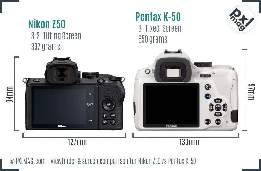 Nikon Z50 vs Pentax K-50 Screen and Viewfinder comparison