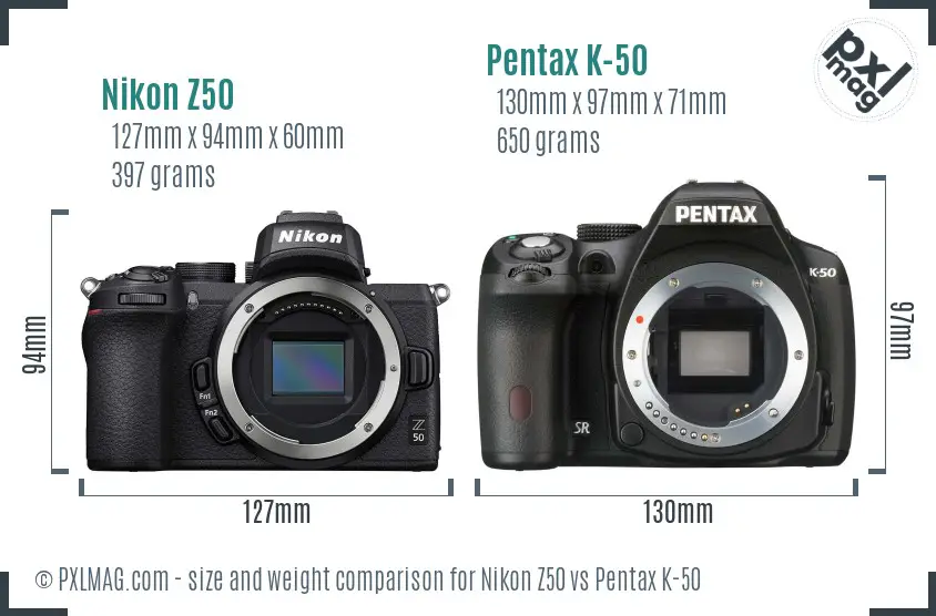 Nikon Z50 vs Pentax K-50 size comparison